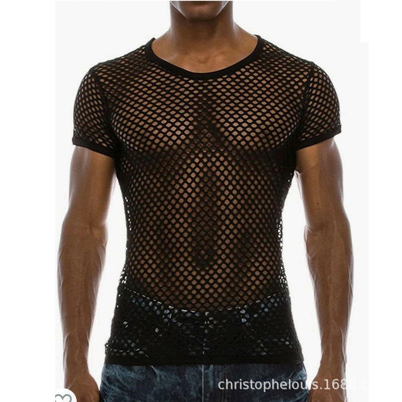 European and American style hollow round neck men's T-shirt fishing net breathable loose casual short sleeve breathable fashion plus size blouse top