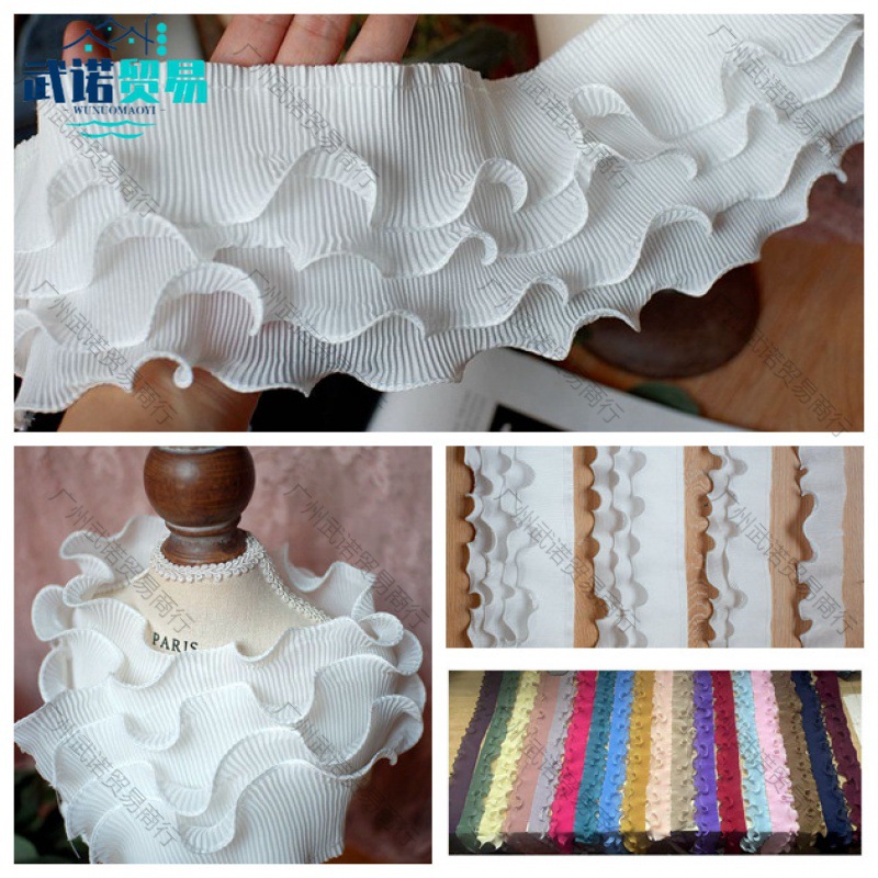 1米价 弹力双层木耳皱褶花边 雪纺松紧花边 百褶裙边 DIY服装辅料