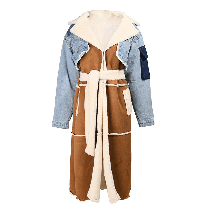Women's Clothing trendy brand new velvet denim patchwork jacket winter wear lamb wool lining large lapel long thick cotton coat_voghion.com