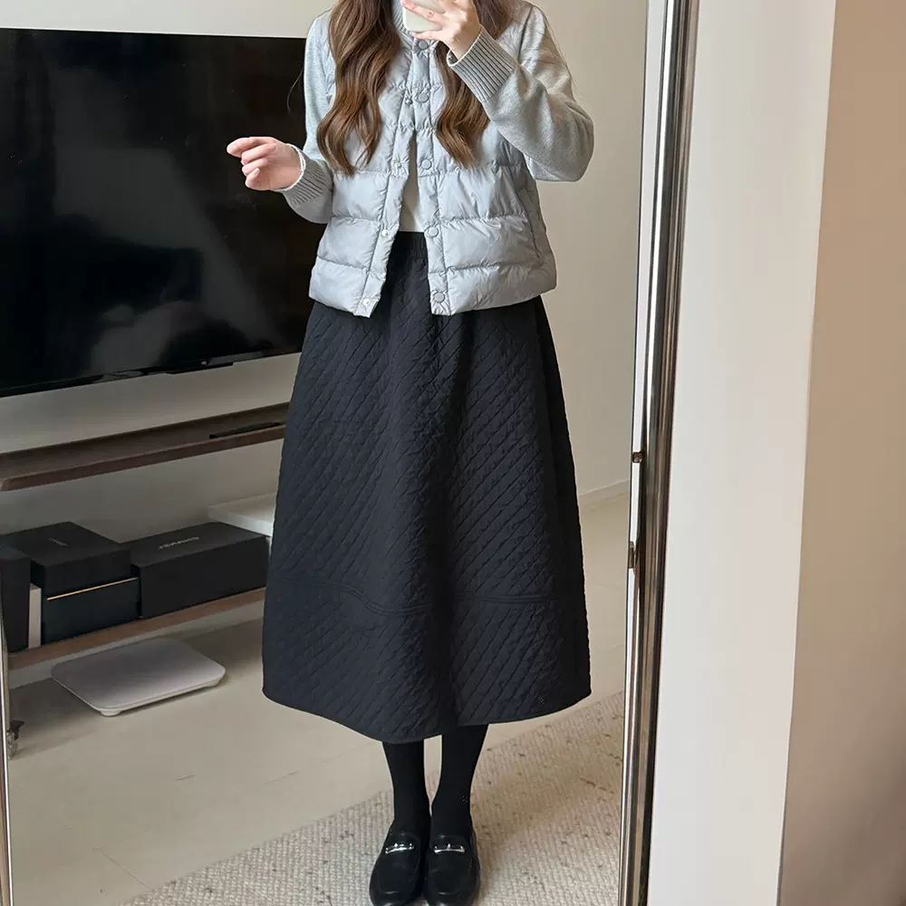 设计感小众简约格纹夹棉半身裙女秋冬季高腰宽松显瘦a字花苞裙