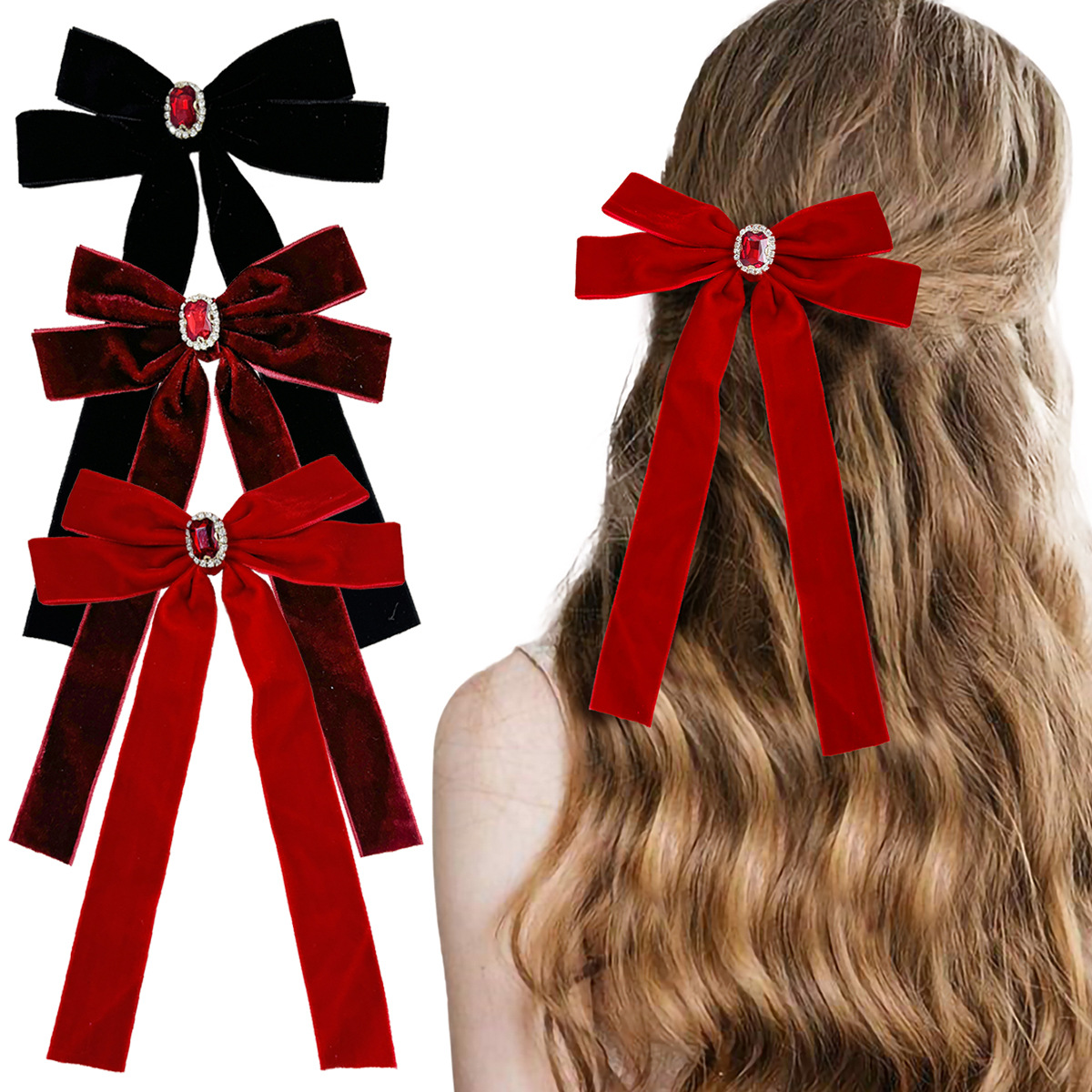 Ruby Velvet Bow Ribbon Hairpin French Elegant All-match Back of Head Hairpin Amazon New Hair Accessories
