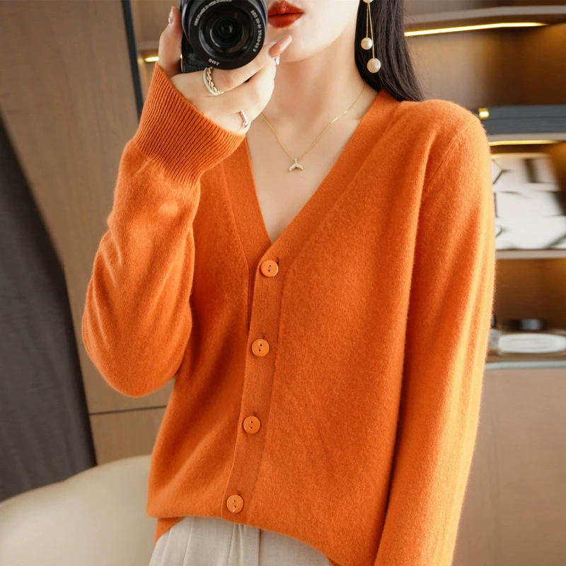 Тонкий имитационный шерстяной трикотажный кардиган женский весенний и осенний новый V-образный V-образный длинный рукав свитер женский тонкий свитер