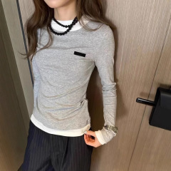 25新款M家字母贴布修身显瘦假设计感假两件拼色长袖打底女上衣潮