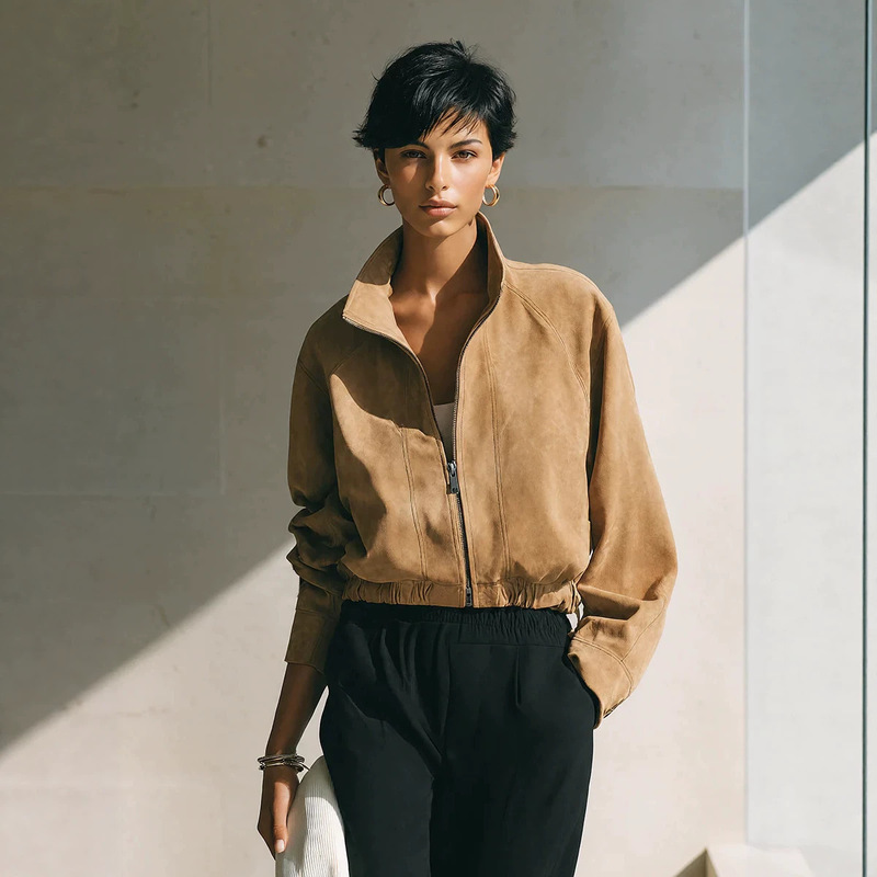 Cross-border fashion faux suede stand-up collar jacket for women, autumn and winter vintage zip-up short jacket, versatile casual jacket Cross-border fashion faux suede stand-up collar jacket for women, autumn and winter vintage zip-up short jacket, versatile casual jacket