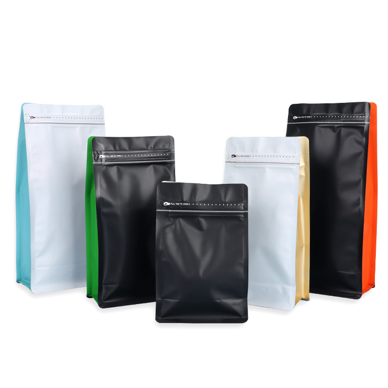 Spot bolsa de envasado de alimentos sellada de ocho lados válvula de gas de nuez cremallera lateral bolsa autovertical cremallera fácil de rasgar bolsa sellada de granos de café