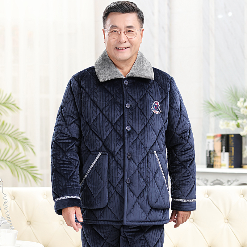 Winter Men's Coral Fleece Quilted Pajamas Three-layer Thickened fleece-lined for Middle-aged and Elderly Dad Warm Home Clothes suit