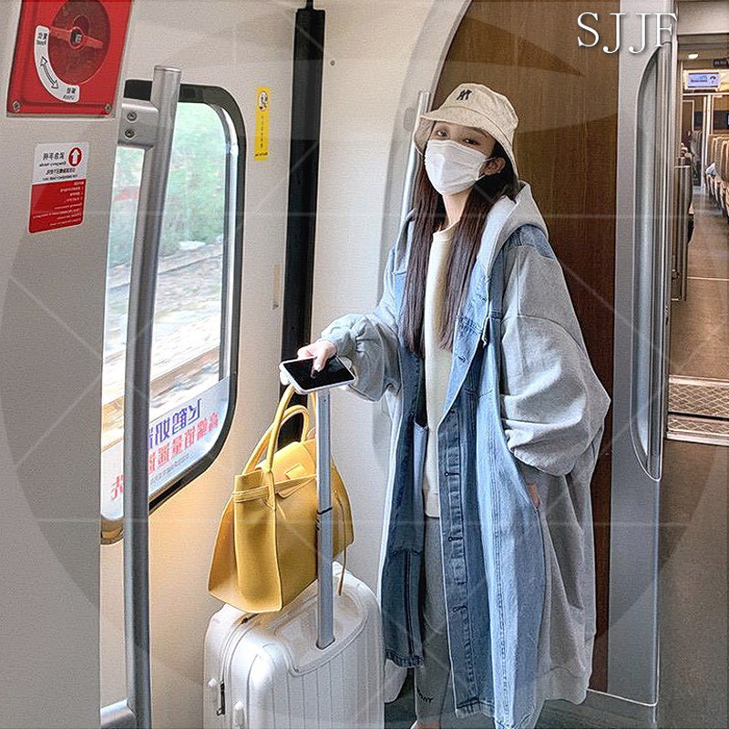 Salt Style Street Hooded Spliced Denim Jacket for Women Autumn and Winter Korean Style Mid-Length Casual Workwear Fleece-Lined Large Windbreaker