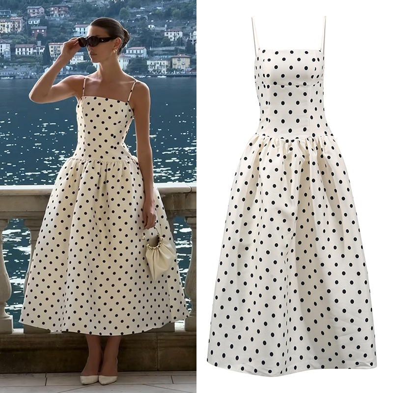 Women's Clothing Women's Hepburn Style Retro Polka Dot Print Slip Dress Waist Cinching Resort Dress Spring For Formal & Casual For Women_ecoleips.com