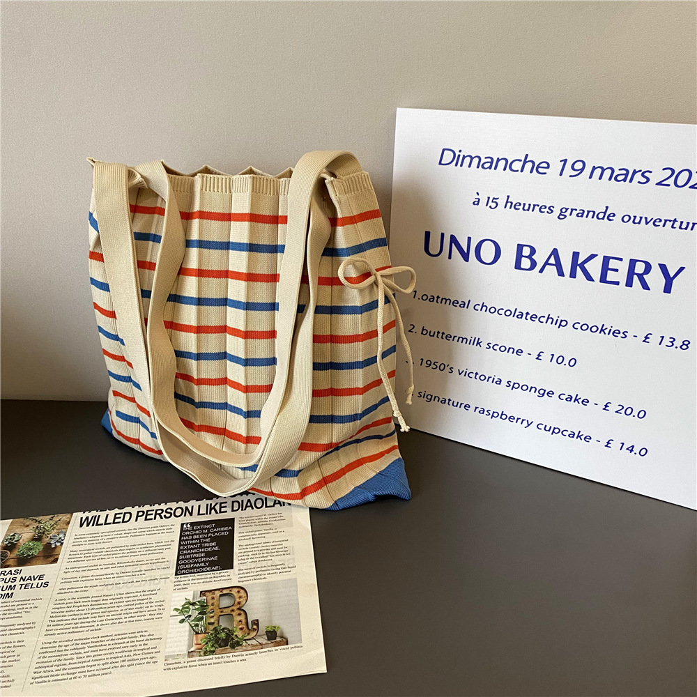 Polyester Lining Material Open Closure Type Double Shoulder Straps Strap Type Women's Fashion Stripe Polyester Shopping Bags
