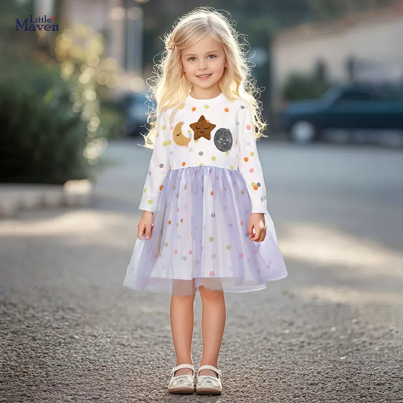 Little maven新款欧美风女童连衣裙 秋季网纱儿童裙 可爱宝宝裙子