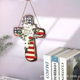 跨境热销悬挂门标志木制独立日装饰条纹欢迎门挂美国乡村木质挂牌