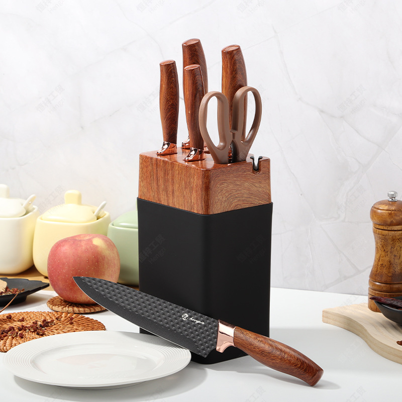 Cuchillo de acero inoxidable de venta transfronteriza conjunto de cuchillo de cocina cuchillo de frutas combinación de mango cuadrado de madera seis piezas al por mayor