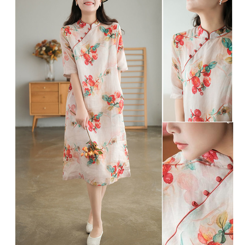 Improved Cheongsam Dress 2024 Summer New Women's Clothing Retro Literary Ethnic Style Age-Reducing Western Style Cotton and Linen Skirt Improved Cheongsam Dress 2024 Summer New Women's Clothing Retro Literary Ethnic Style Age-Reducing Western Style Cotton and Linen Skirt