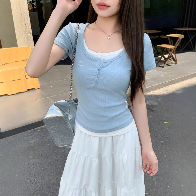 Patchwork Faux Two-Piece Short-Sleeve T-Shirt for Women, 2026 Summer New Slim-Fit Half-Sleeve Top for Petite Figures Patchwork Faux Two-Piece Short-Sleeve T-Shirt for Women, 2026 Summer New Slim-Fit Half-Sleeve Top for Petite Figures