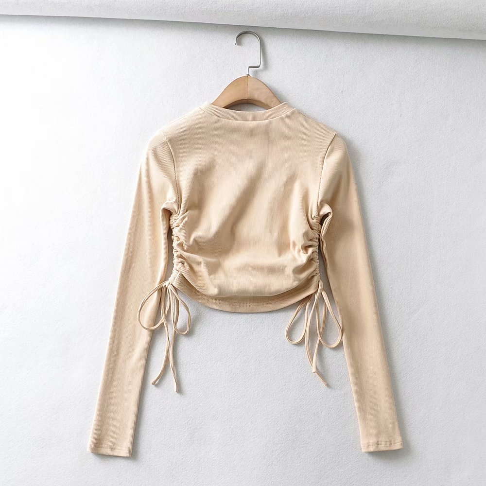 Side Drawstring Ribbed Hollow Stretch T-shirt  NSAM32034