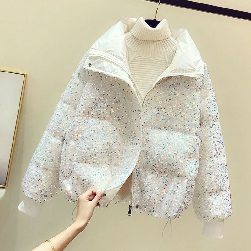 Sequined down Cotton Jacket for Women, New Winter Korean Style, Loose Fit, Stand Collar, Short Puffer Jacket, Cotton Coat for Petite Women