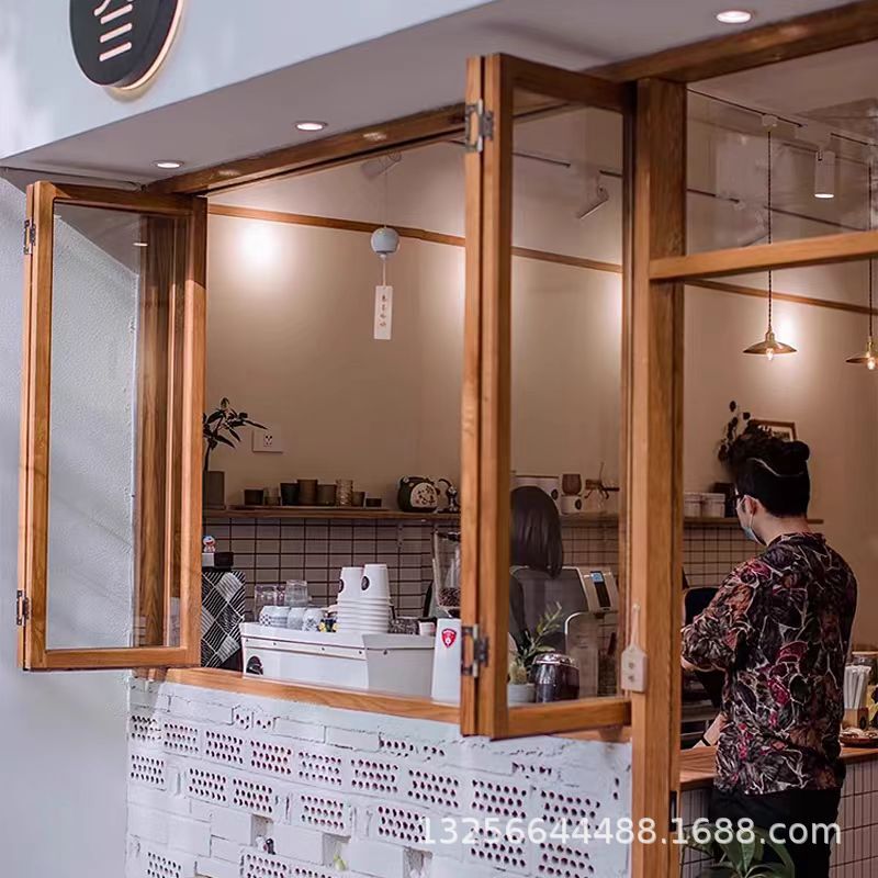 Old Elm Foldableing Window Door and Window Customized Cake Flower Shop Solid Wood Glass Sliding Window Kitchen Panoramic Glass Window
