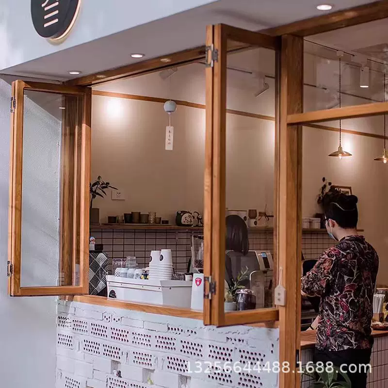 老榆木折叠窗门窗定 制蛋糕花店实木玻璃推拉窗户厨房全景玻璃窗