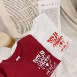 抖音爆款国朝风男女童夏短袖2025新款亲子有机棉圆领卡通T恤现货