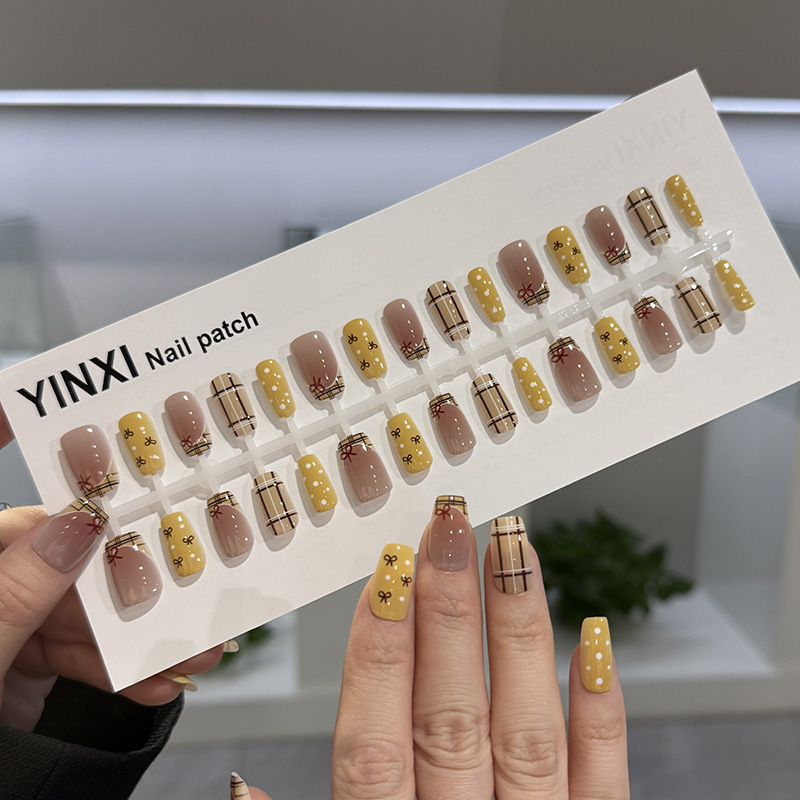 预制学院风精品穿戴美甲新款中方法式格纹蝴蝶结ins甜美清新甲片|undefined
