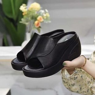 Cross-border New Real Soft Leather Wedge Sandals Women's Summer Outer Wear Fashionable Internet Trendy Thick Bottom Sandals