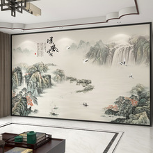 2025新款电视背景墙壁布千里江山图壁纸3d立体墙布新中式客厅壁画
