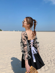 Women's swimsuit long-sleeved one-piece student conservative belly-covering girl cute and sweet dress small breasts sexy open back