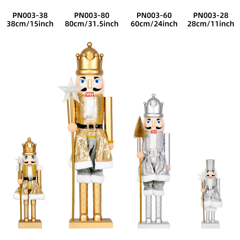 Inventario 30, 40, 60, 80cm de plástico cascanueces soldados decoraciones oro y plata copo de nieve bandas de lámparas de música