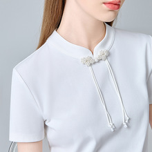 新中式短袖t恤女2025新款女装盘扣立领黑色棉体恤设计感流苏上衣