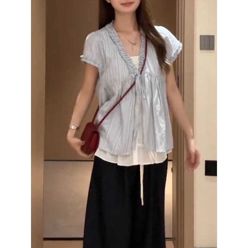 Áo sơ mi nữ giả hai mảnh tay ngắn sọc mỏng form rộng — Màu xanh lam
