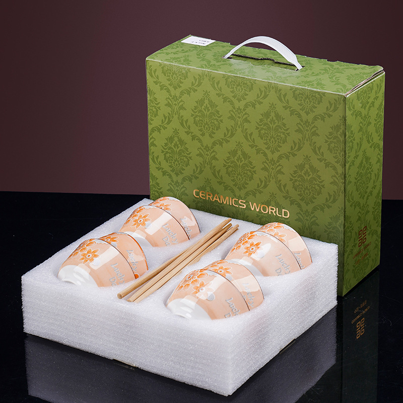 2024 New Single Bowl Gift Box Set Chinese-Style Rice Bowl Household Ceramic Tableware Bowl and Plate Small Soup Bowl Microwave Safe