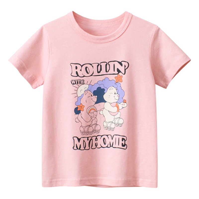 2024 Verano nuevo estilo coreano ropa para niños Top de algodón para niños Oso de dibujos animados para niñas Camiseta de manga corta entrega de una pieza