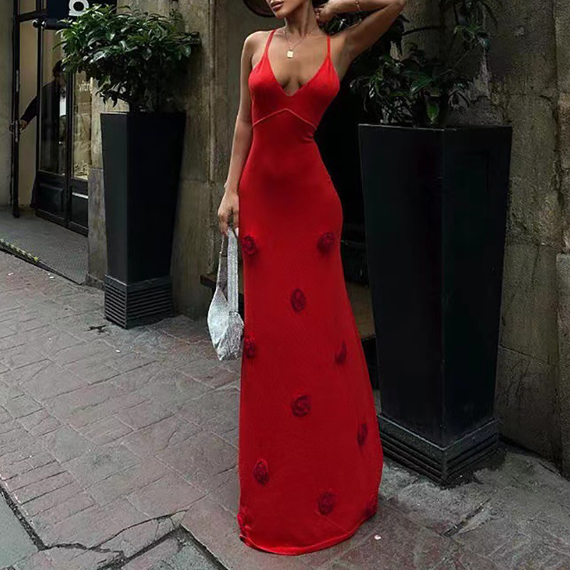 Vintage Rotes Strick Trägerrock Set Mit V-ausschnitt Und Blumen_voghion.com