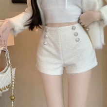 2025秋冬新款高腰显瘦时尚小香风白色粗花毛呢外穿休闲短裤靴裤女