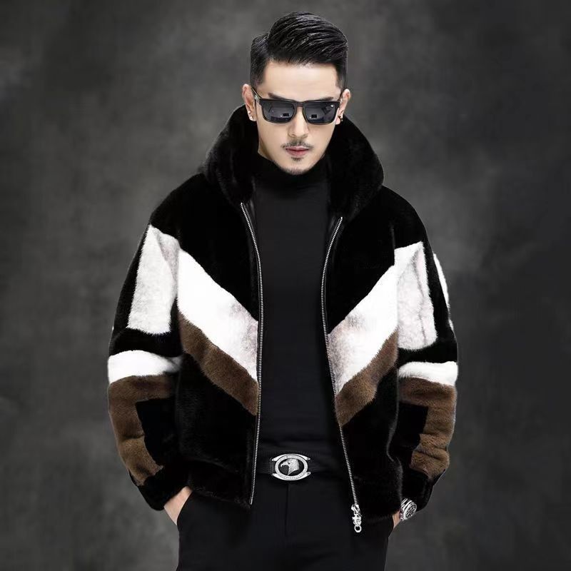 Winter New Style Men's Hooded Large Size Trendy Thick Faux Fur Coat Mid-Length