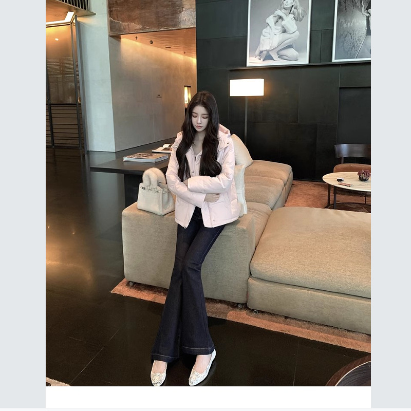 韩雨嘉韩模翘臀裤复古藏青色 超模比例修身显瘦牛仔喇叭长裤|undefined