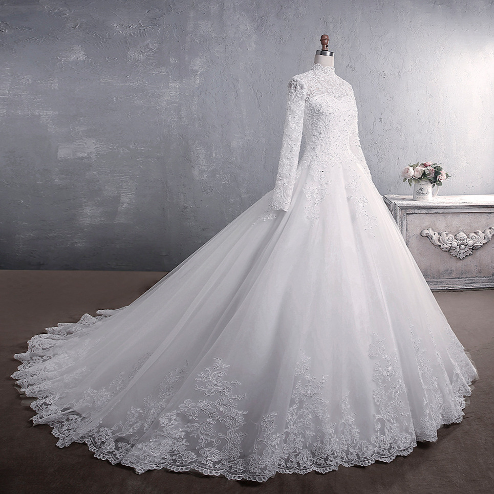 Customer Supplies European and American Wedding Dresses 2025 New Bridal Stand-Up Collar Wedding Dress Long Sleeves Slimming Look Fashion Large Tail Large Size Supply