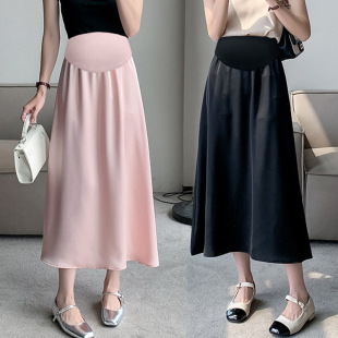 In stock pregnant women's spring and summer solid color draping temperament skirt silky satin all-match A- line slimming mid-length