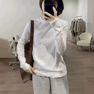 欧货圆领纯色打底衫女显瘦新款长袖t恤内搭外穿通勒拼接设计上衣