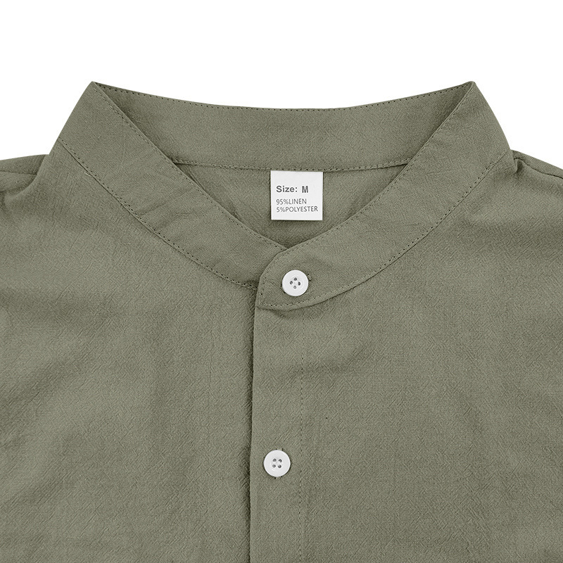 Amazon hombre de verano suelto lino camiseta europea y americana de color sólido estilo americano cuello Henry camisa de playa de manga corta