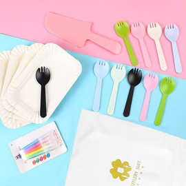 生日餐具 磨砂袋彩勺叉四叶草生日蛋糕餐具一次性叉盘烘培餐具