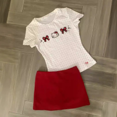 日本水玉キティ猫リボン刺繍半袖 Tシャツ女性の夏甘いホットガールスリムショートトップトレンディ