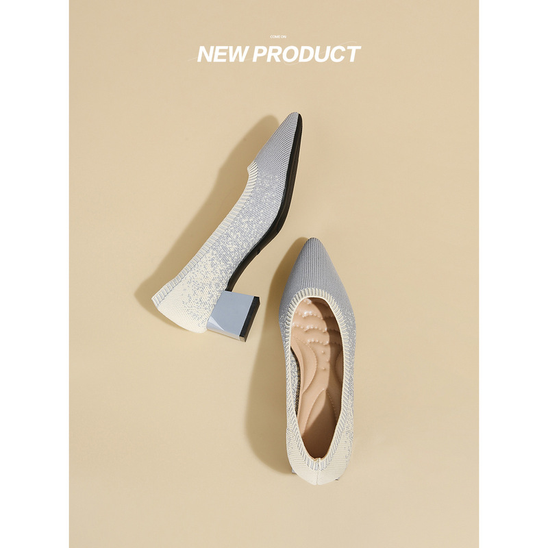 Thick-heeled Princess Shoes 2022 New Starry Gradient Knitted Pointed Mid-heeled Single-layer Shoes Women's Cross-border Foreign Trade High-heeled Flying Woven