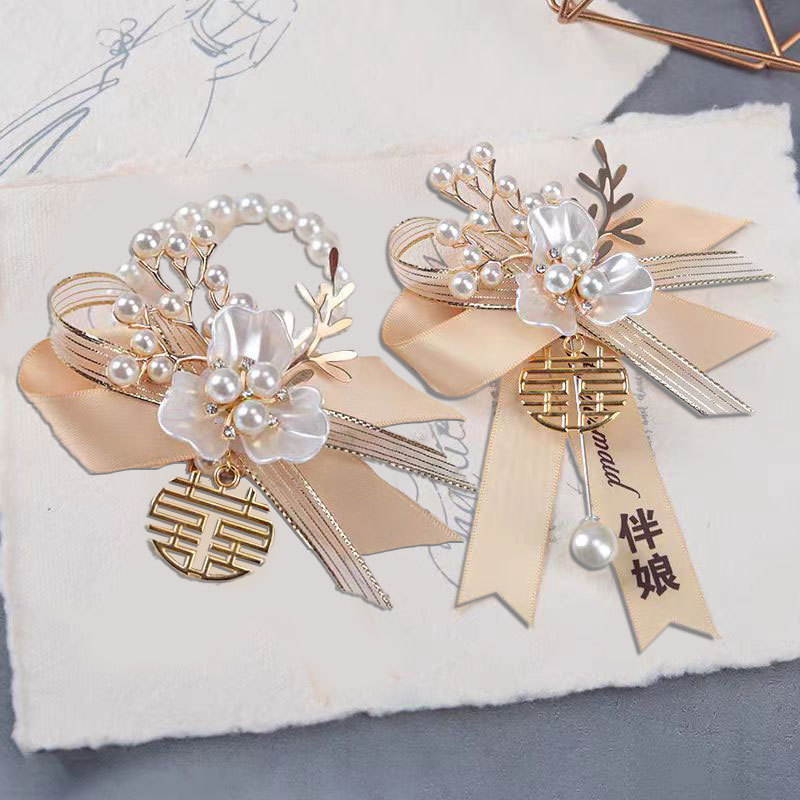 Champagne Bride Wrist Flower Wedding Bridesmaid Group Sisters Hand Flower Super Fairy Beautiful Groom Wedding Corsage Full Set