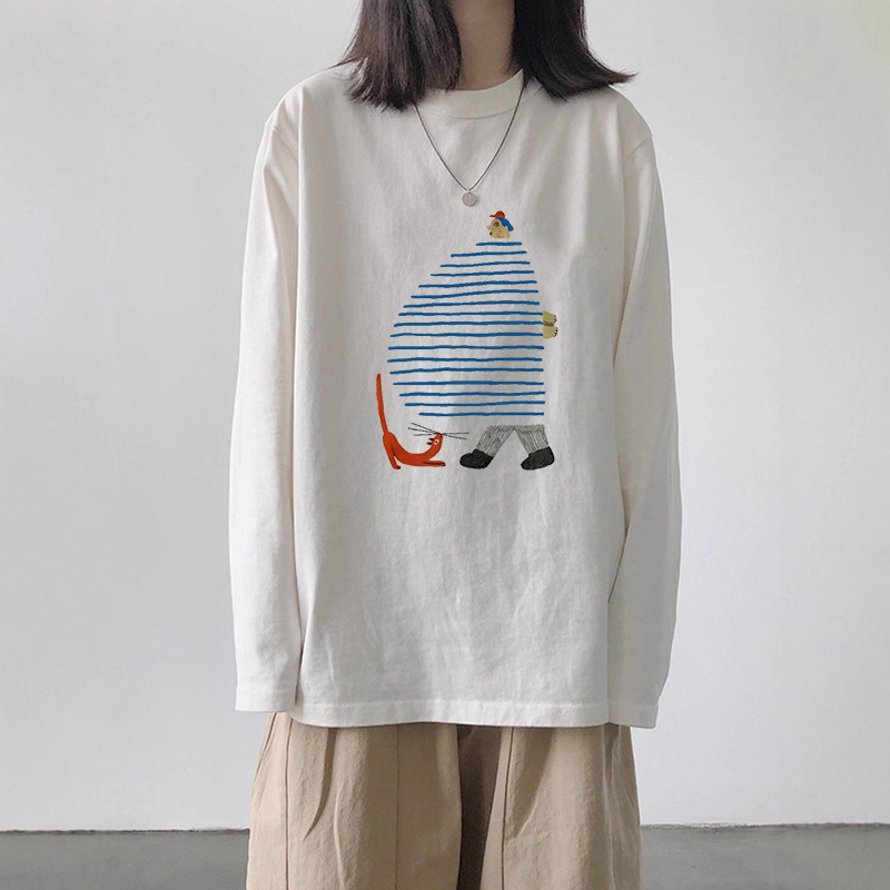 100% Pure Cotton White Long-Sleeved T-Shirt for Women Spring and Autum New Inner Top American Large Size Loose Bottoming Shirt Trendy
