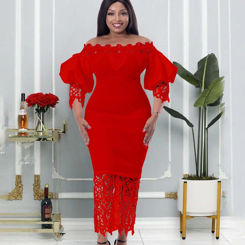 D247 New Cross-Border Style One-Shoulder Off-Shoulder Bodycon Lace Patchwork Lantern Sleeve European and American Style Dress Foreign Trade Dress
