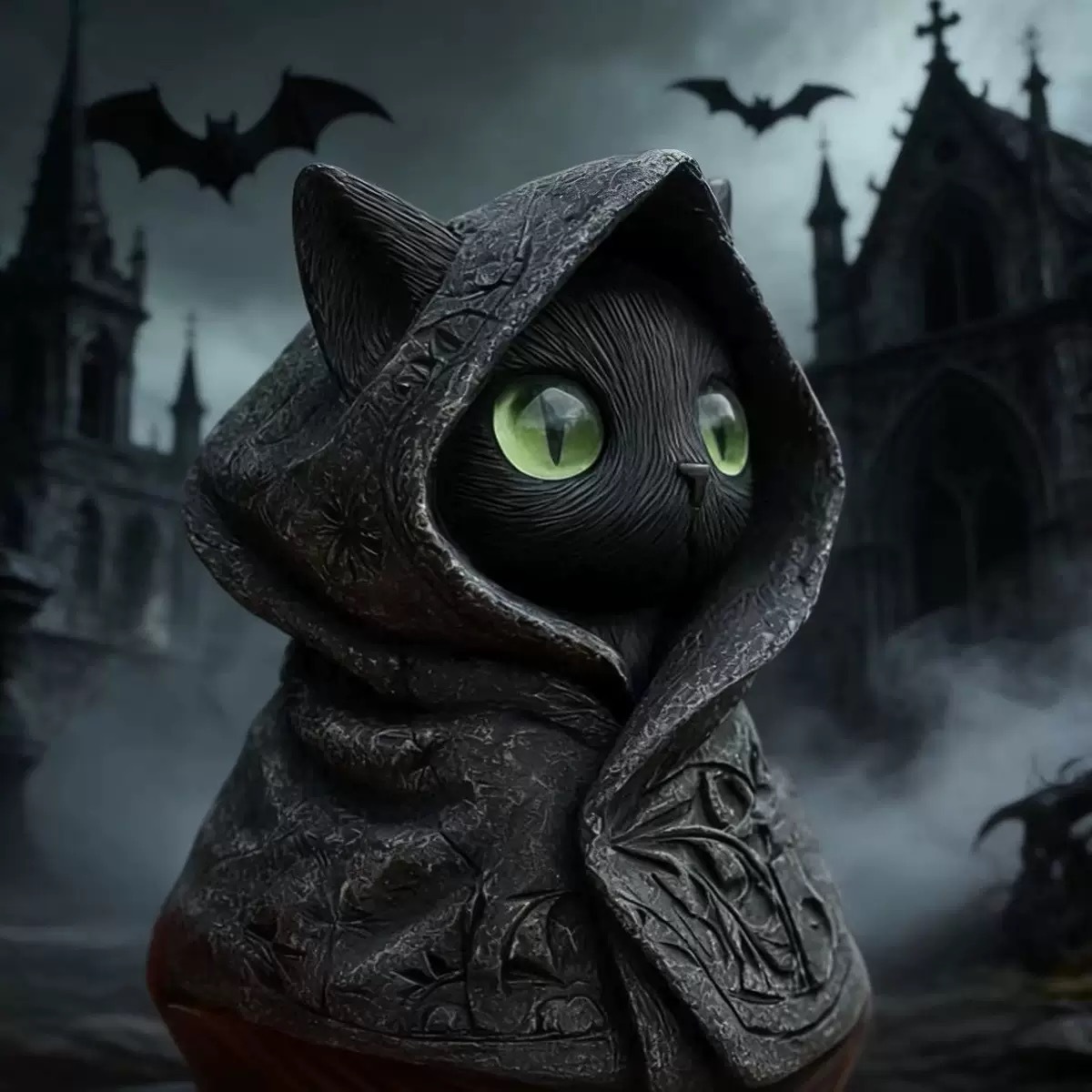 A gothic black cat statue with a shaggy head, a realistic kitten animal toy for children, a Halloween gift for boys.