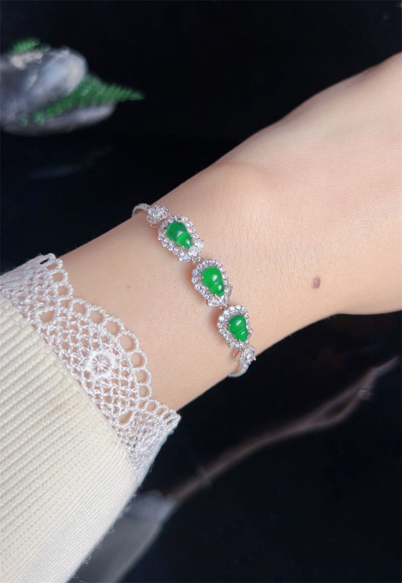 Vòng tay đá ngọc bích tự nhiên A hàng băng chủng mặt trứng cắt S925 bạc xi mạ vàng họa tiết hồ lô chi tiết 2