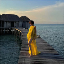 广州十三行优雅气质长裙新款飘逸雪纺渡假抹胸露背连衣裙