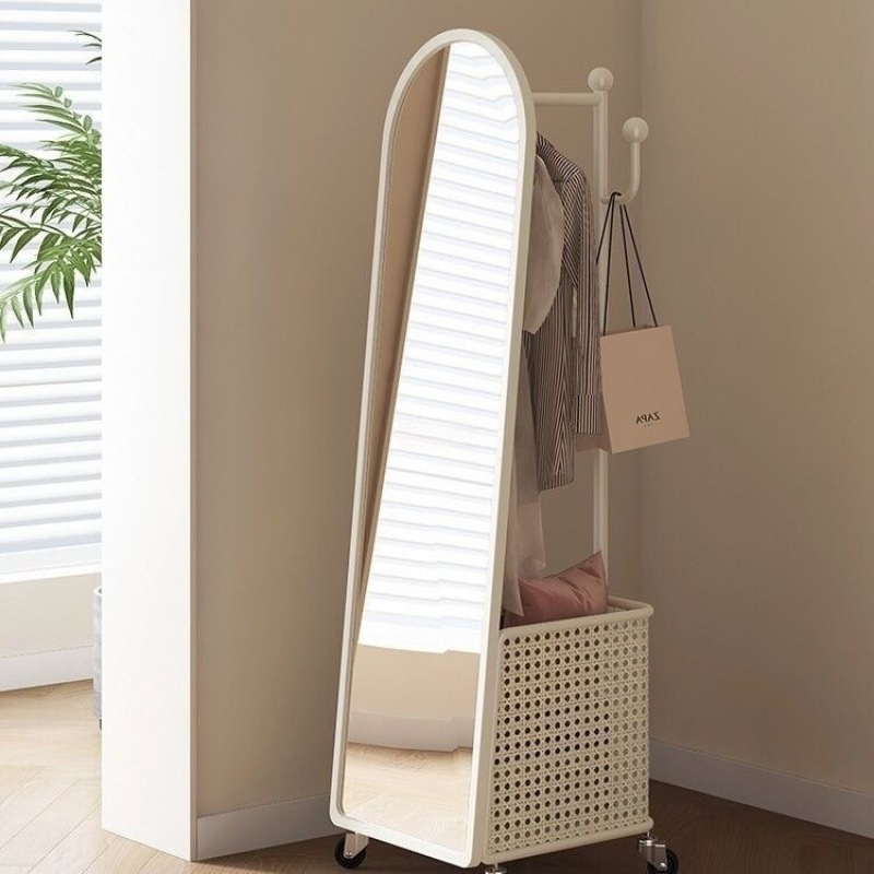 Cream-Style Mobile Floor-Standing Clothes Rack, Floor-Standing Mirror, Integrated Coat Rack, Full-Length Mirror, Rotating Dressing Mirror, Fitting Mirror